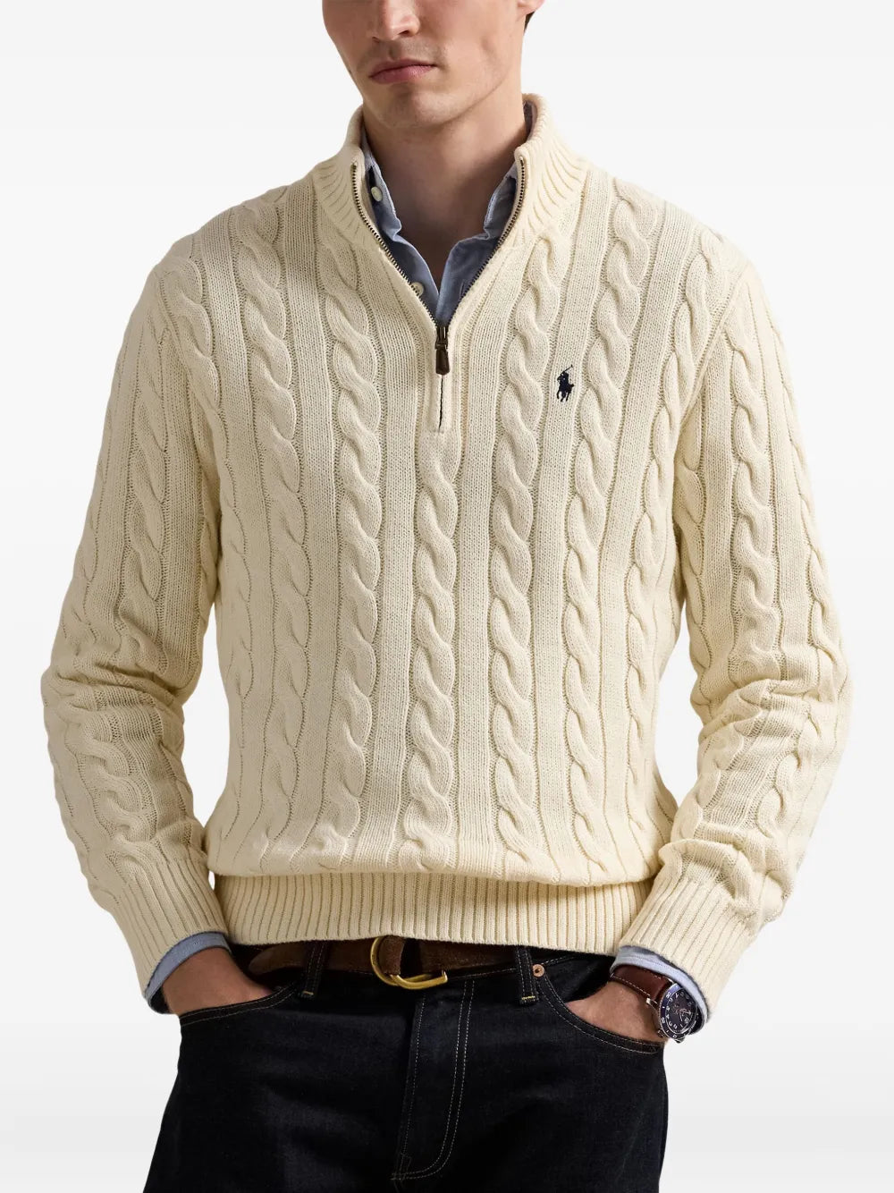 Suéter de tricô com zíper creme Ralph Lauren