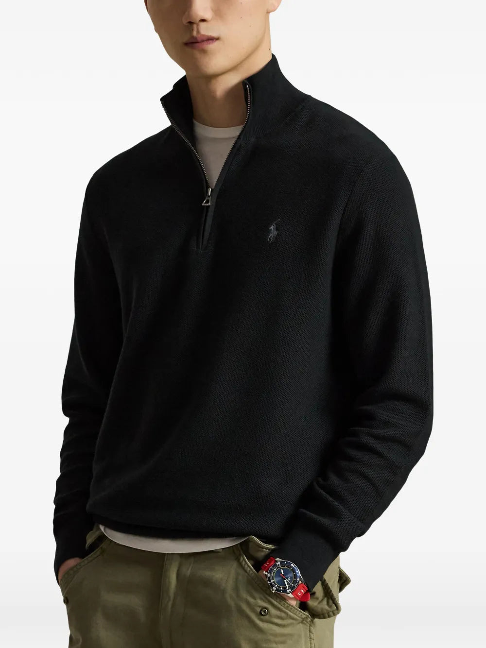 Suéter de tricô em mesh com zíper Ralph Lauren preto cavalo cinza