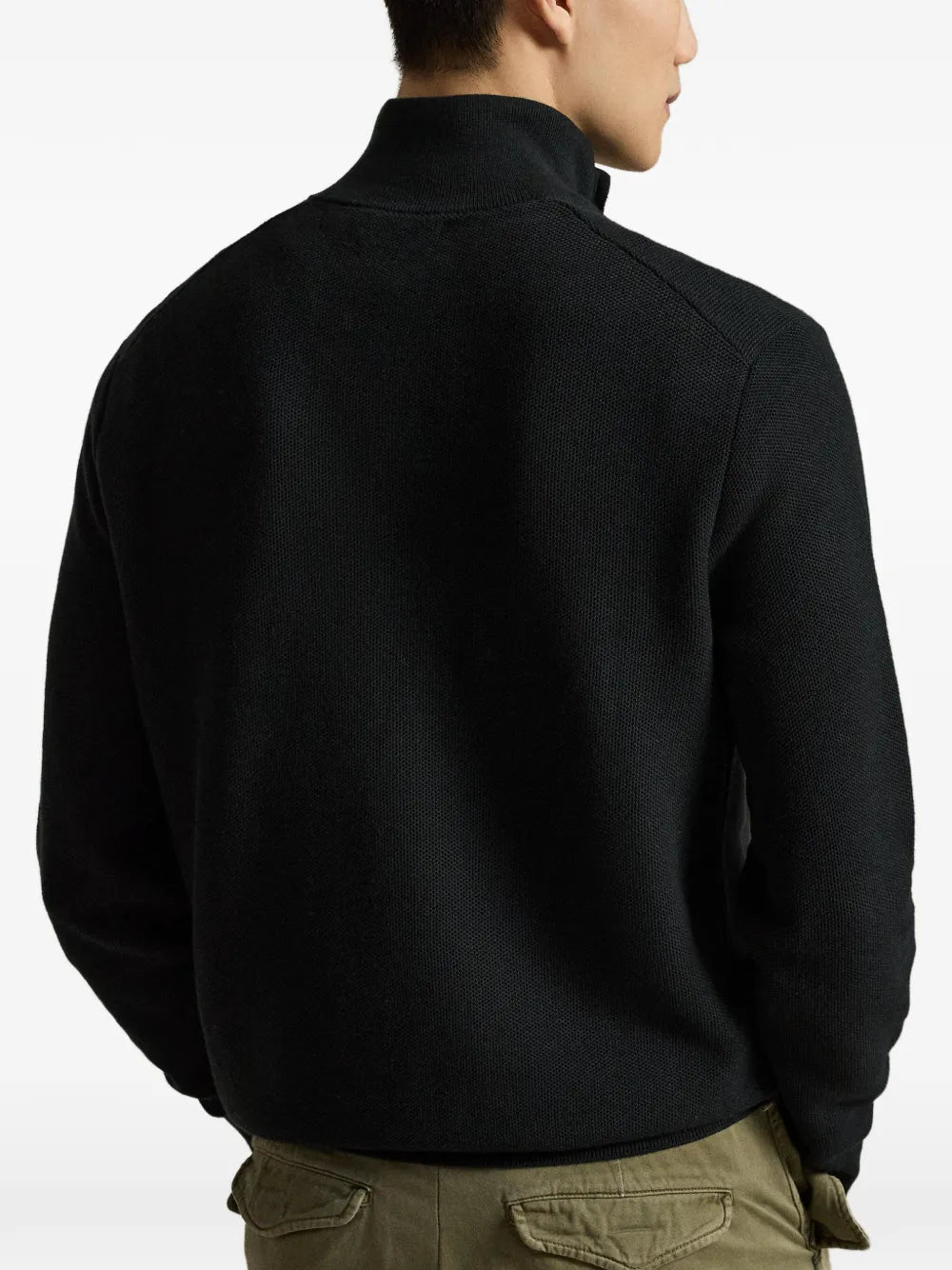 Suéter de tricô em mesh com zíper Ralph Lauren preto cavalo cinza