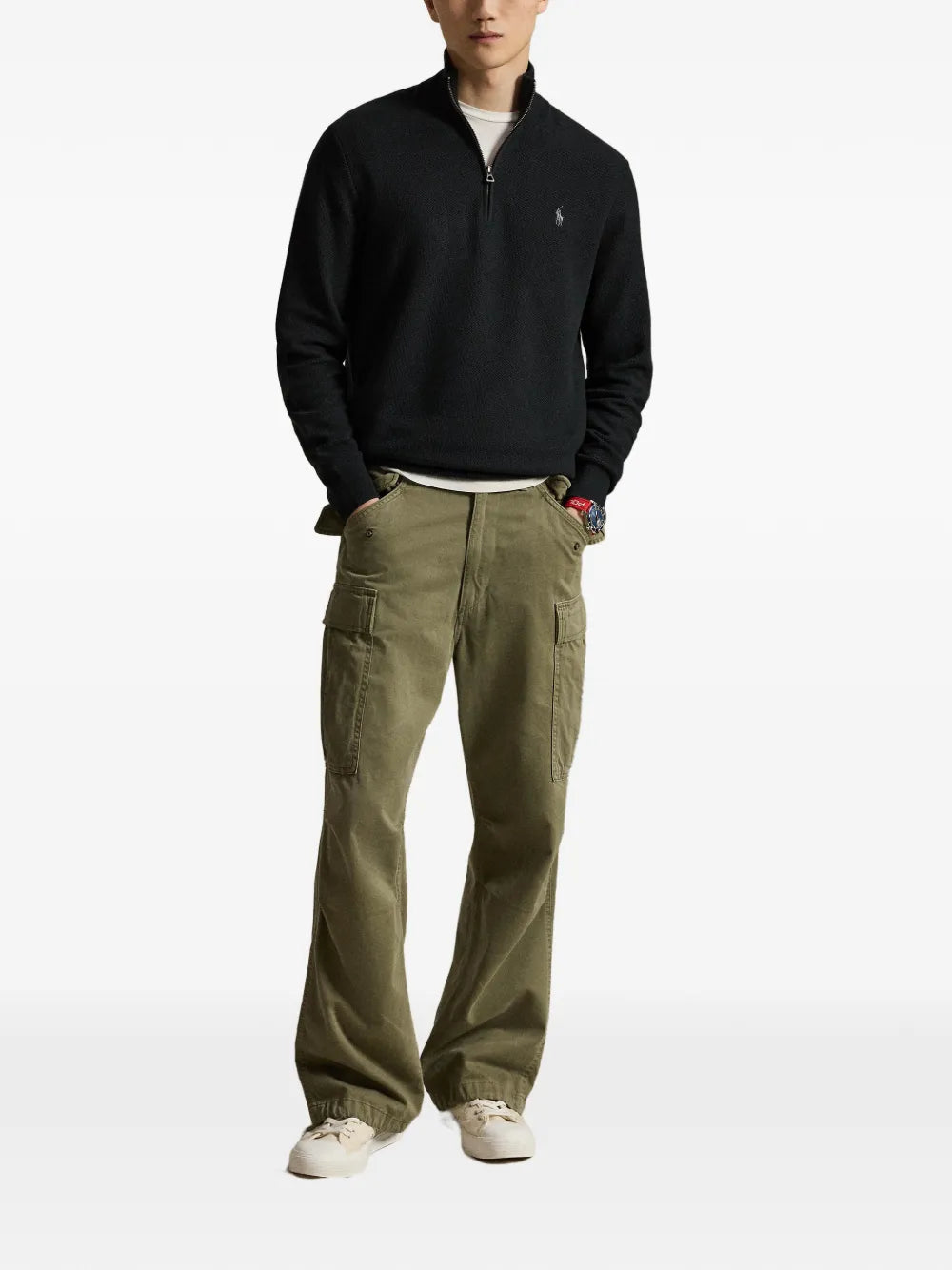 Suéter de tricô em mesh com zíper Ralph Lauren preto cavalo cinza