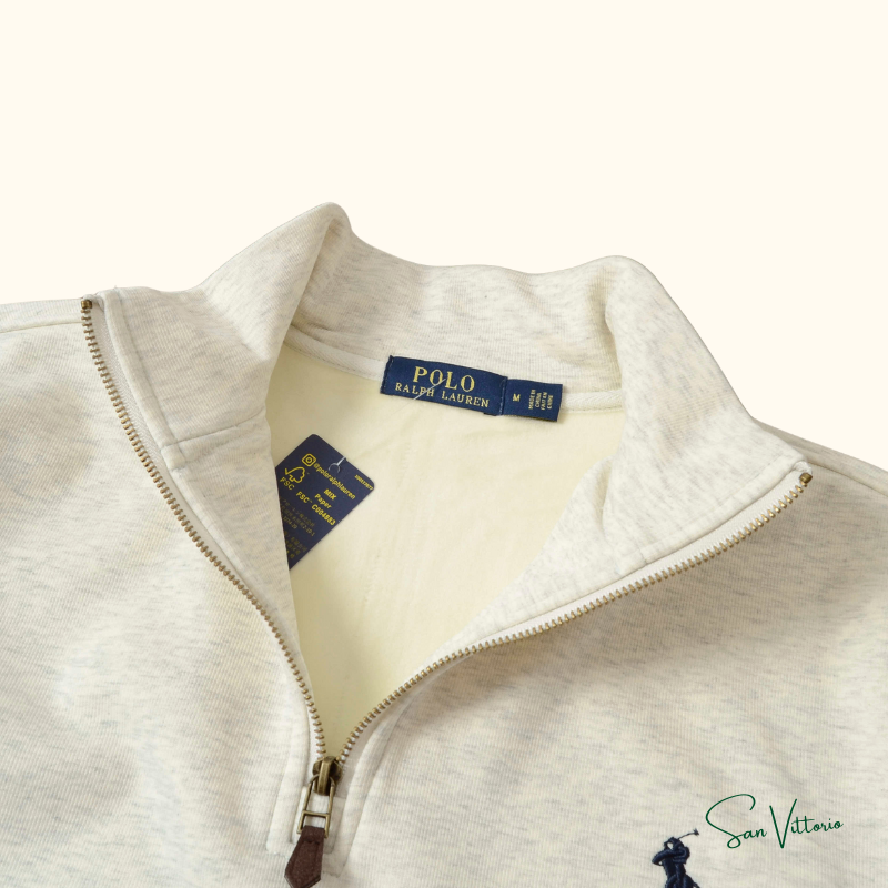 KIT RL 1! Suéter Meio Zíper Ralph Lauren Bege + Camiseta "Bear Jersey" Ralph Lauren Azul